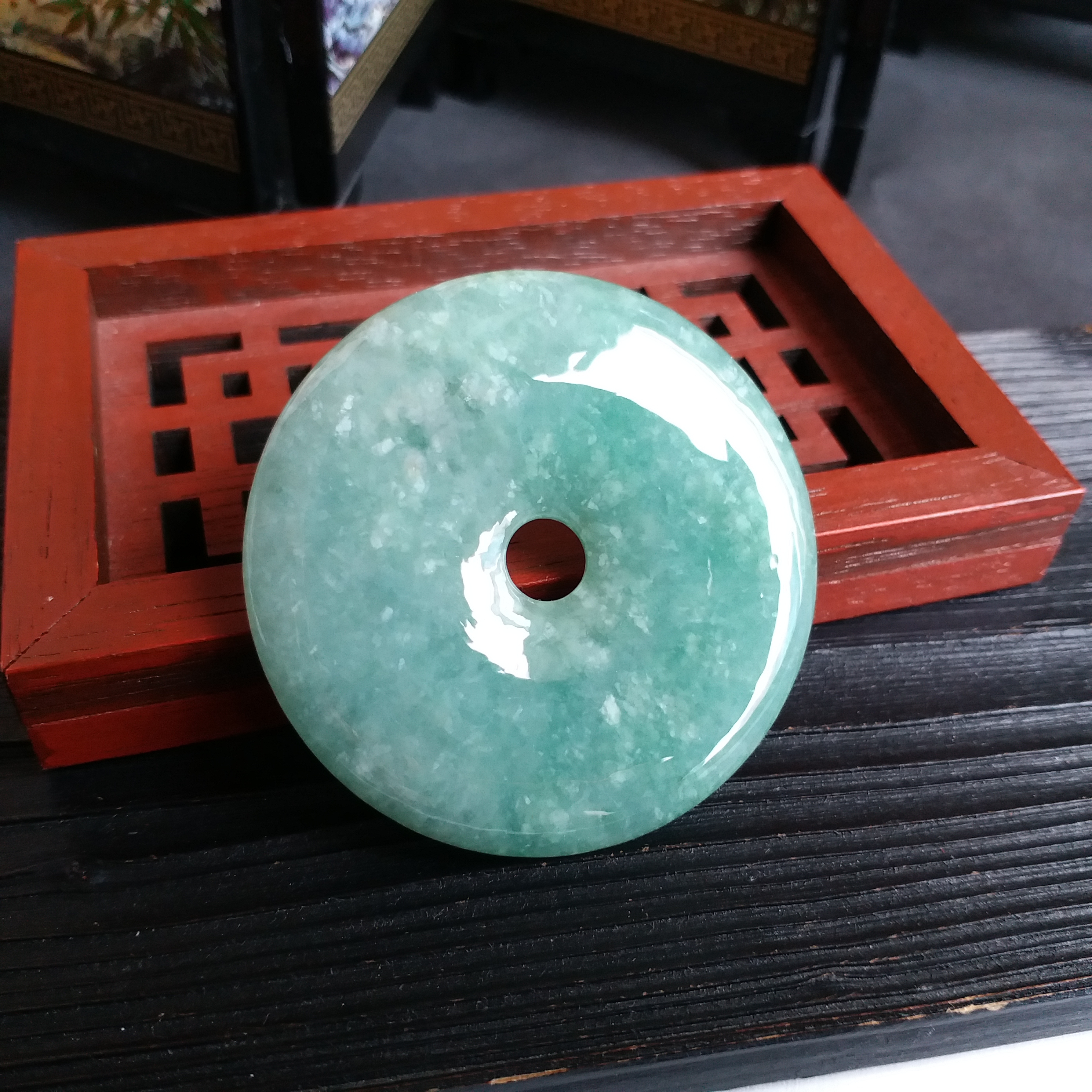 豆種綠底大平安扣 (53.5mm直徑), 天然翡翠A玉, 緬甸玉, Jade, Jadeite