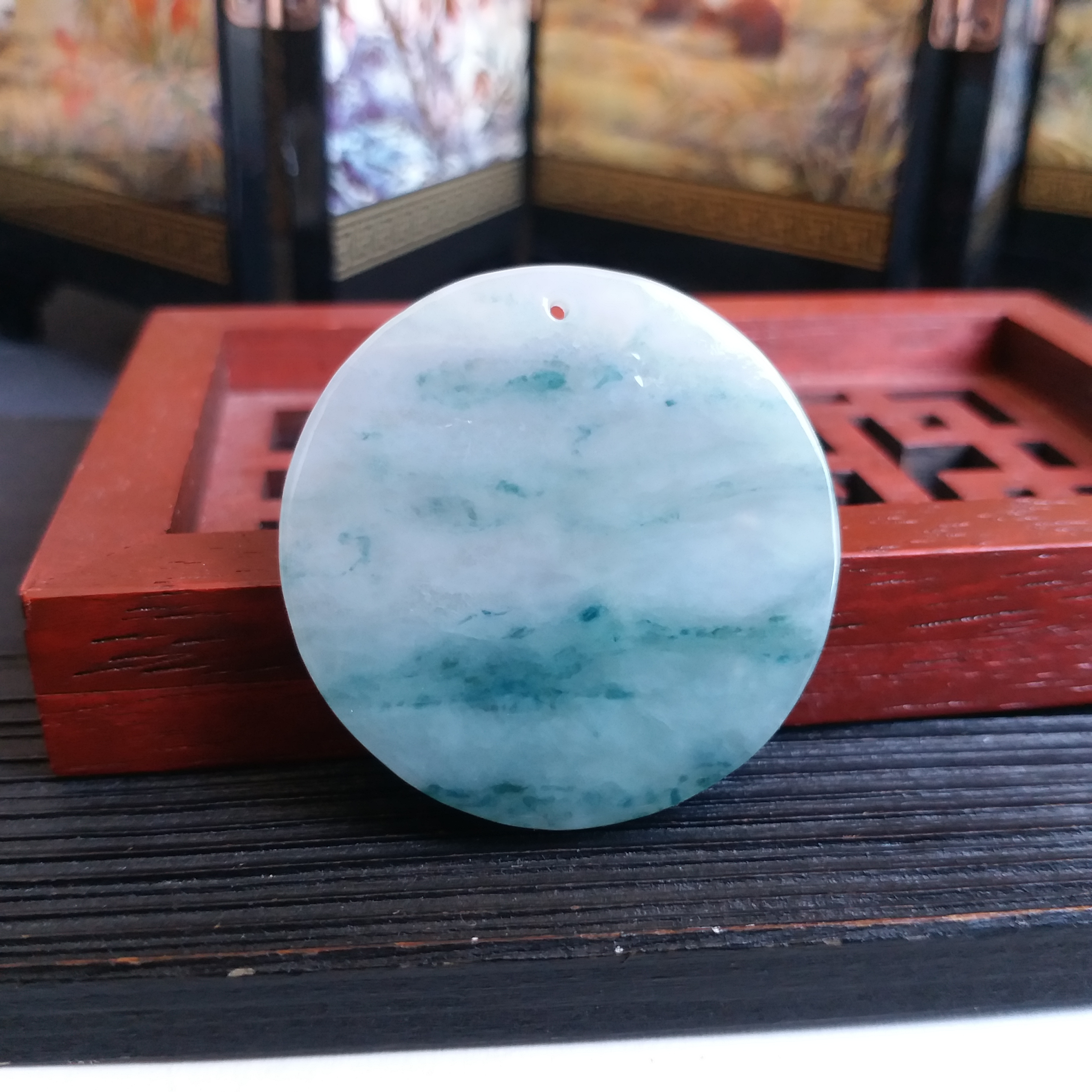 冰種飄花素牌 (37mm直徑), 天然翡翠A玉, 緬甸玉, Jade, Jadeite