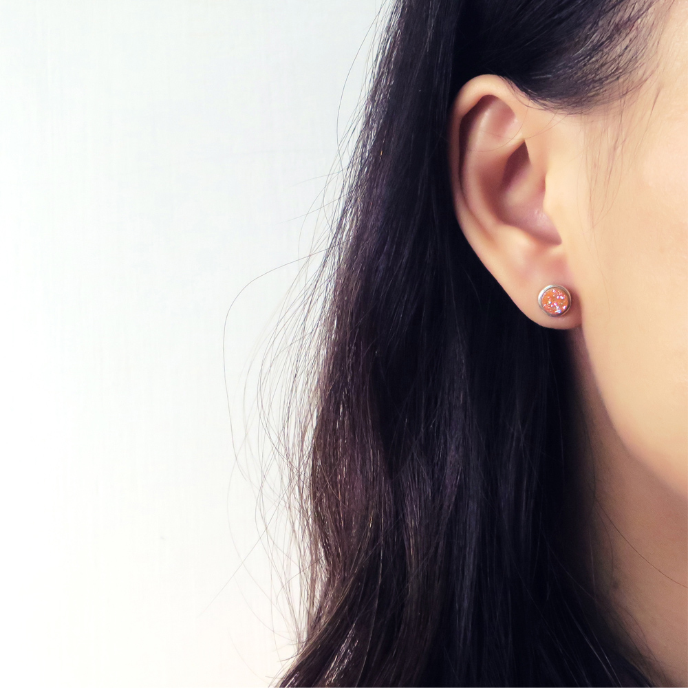 春日晚霞 橙色 瑪瑙礦石 925純銀耳環(一對)