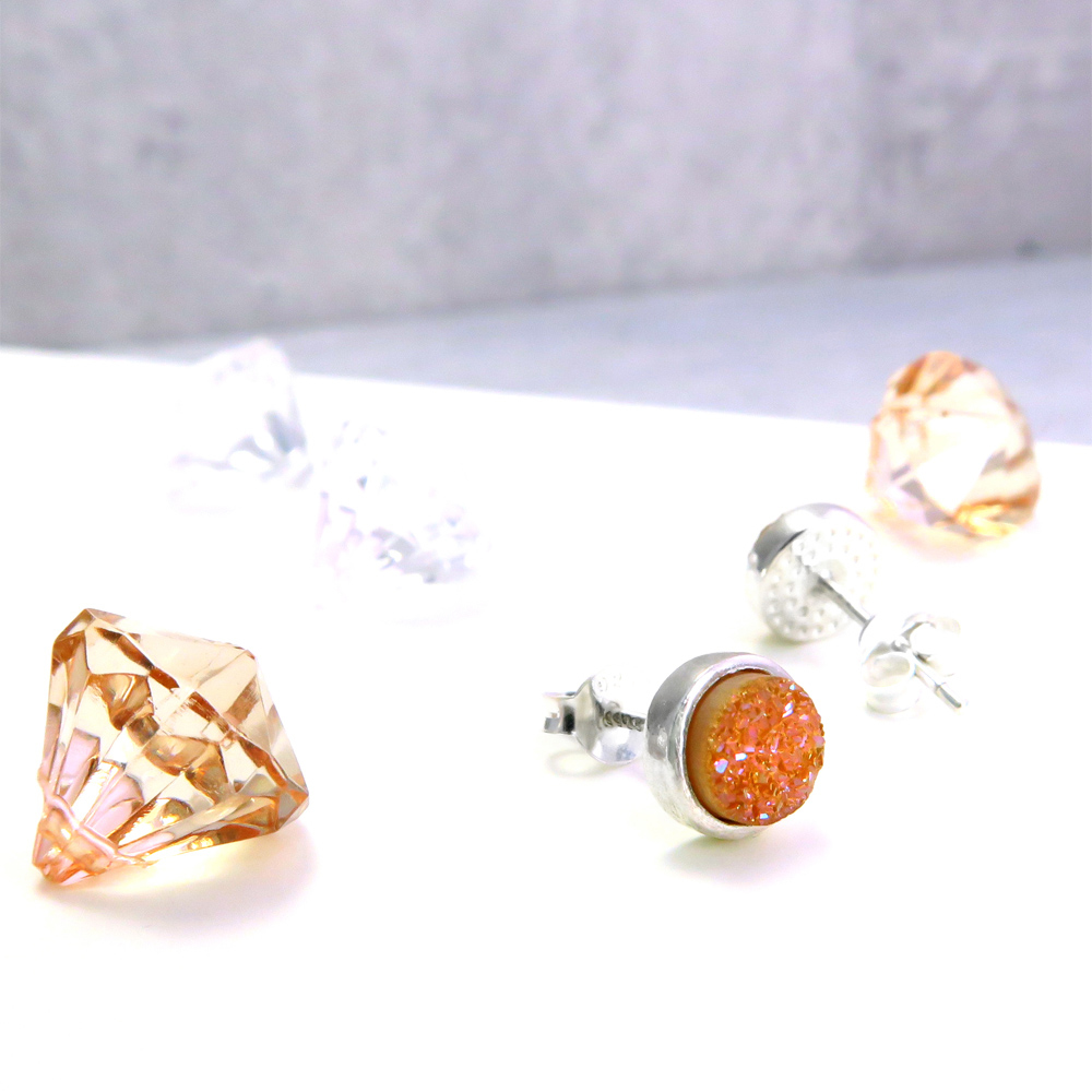 春日晚霞 橙色 瑪瑙礦石 925純銀耳環(一對)