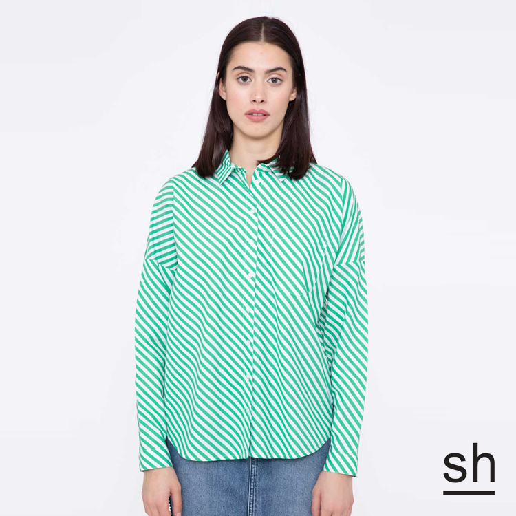 【SH】斜條紋前短後長特色襯衫