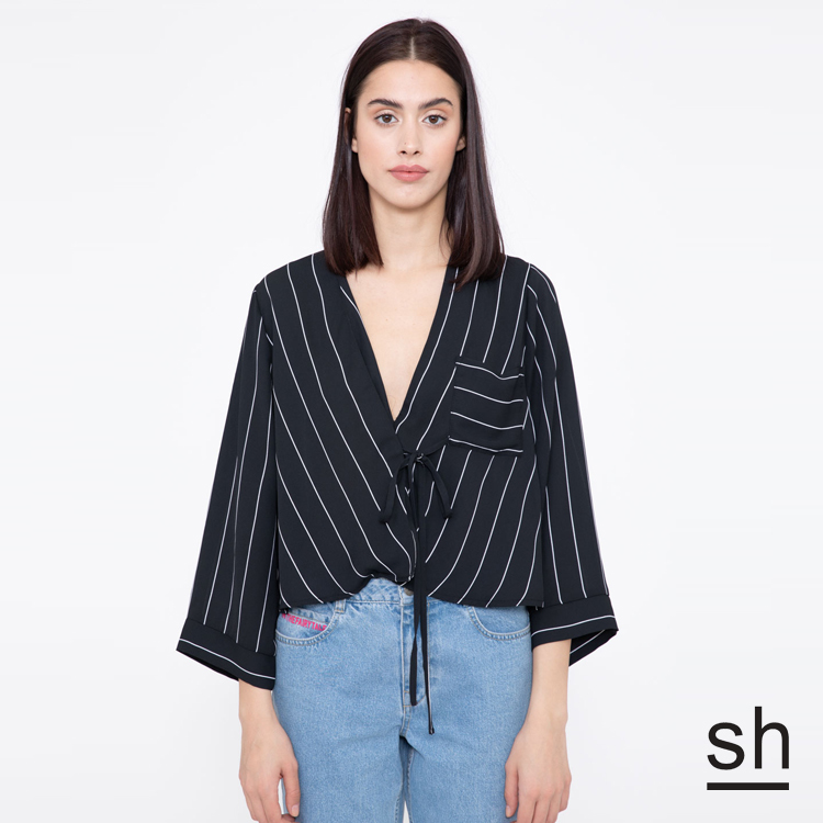 【SH】日式直條紋綁帶襯衫