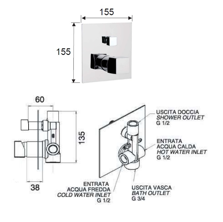 Daniel "Cube Waterfall" CU612CR Built-in bath mixer