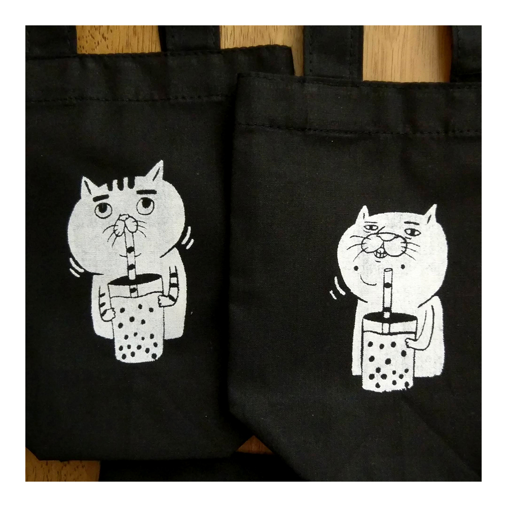 【ehcat貓室友】絹印純棉黑飲料提袋