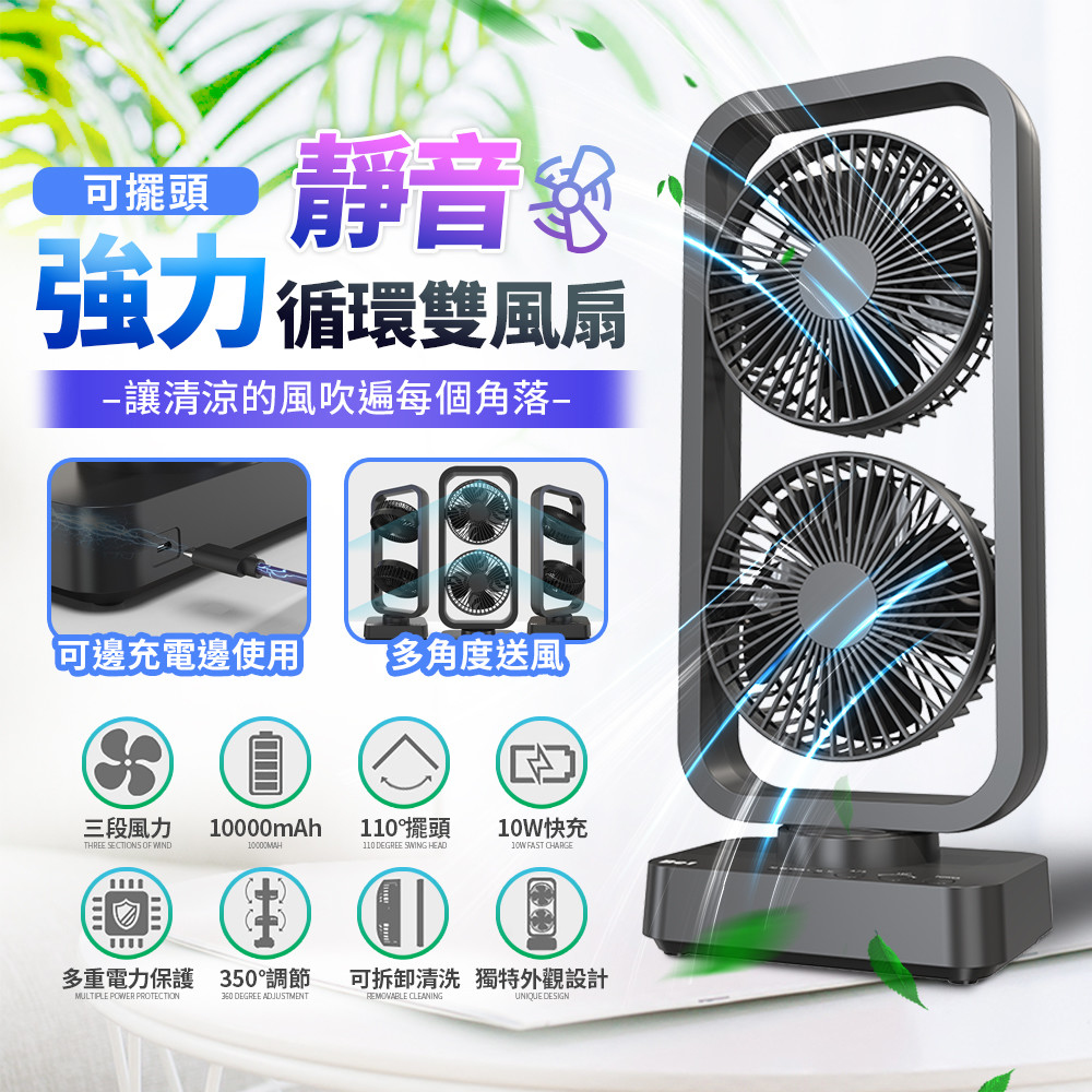 靜音可擺頭強力循環雙頭風扇