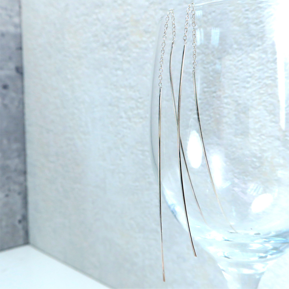 極簡心遞 雙直線 長鍊 純銀耳環