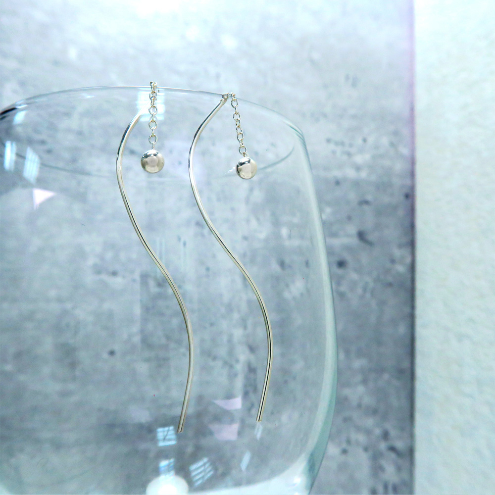 波浪垂珠 長鍊 純銀耳環