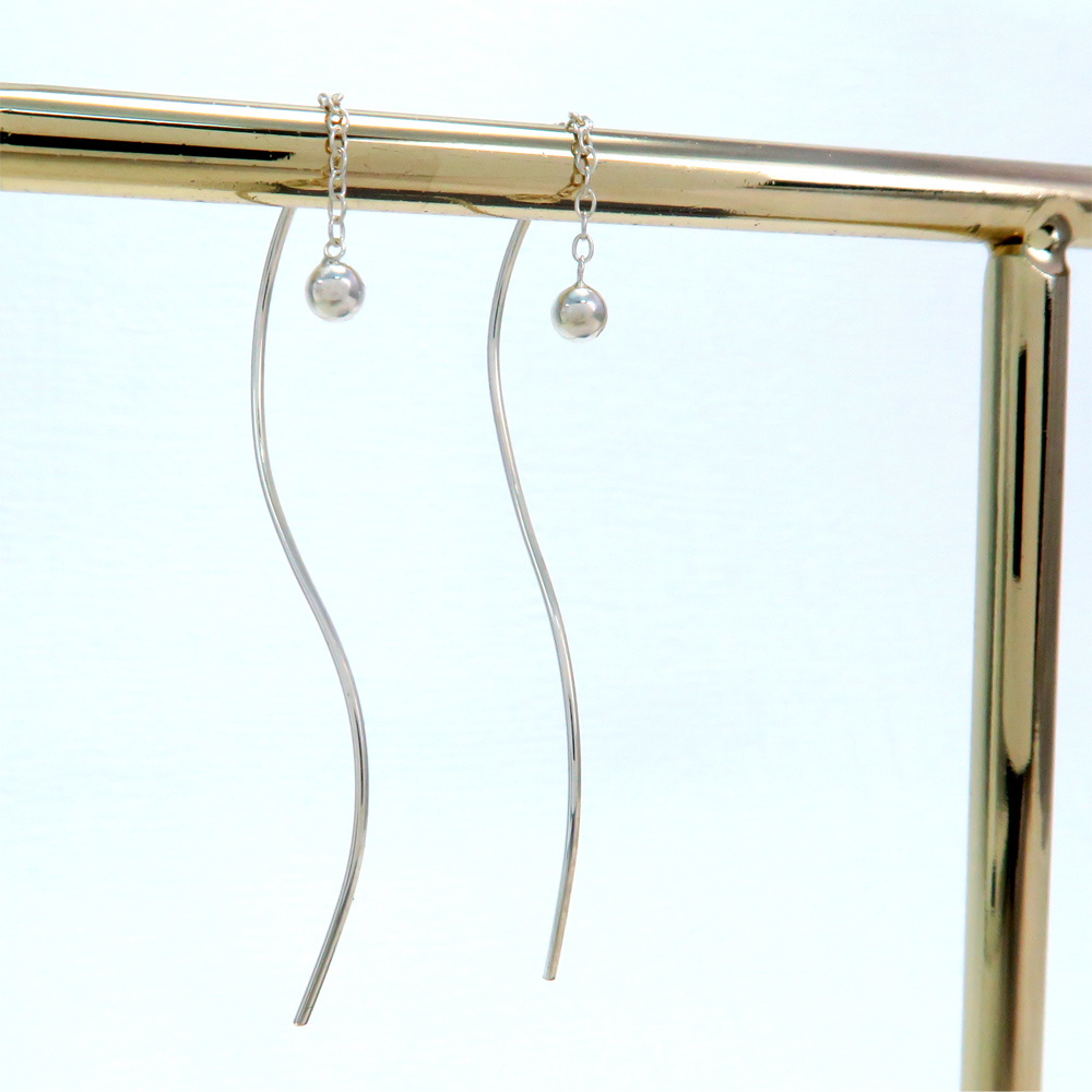 波浪垂珠 長鍊 純銀耳環