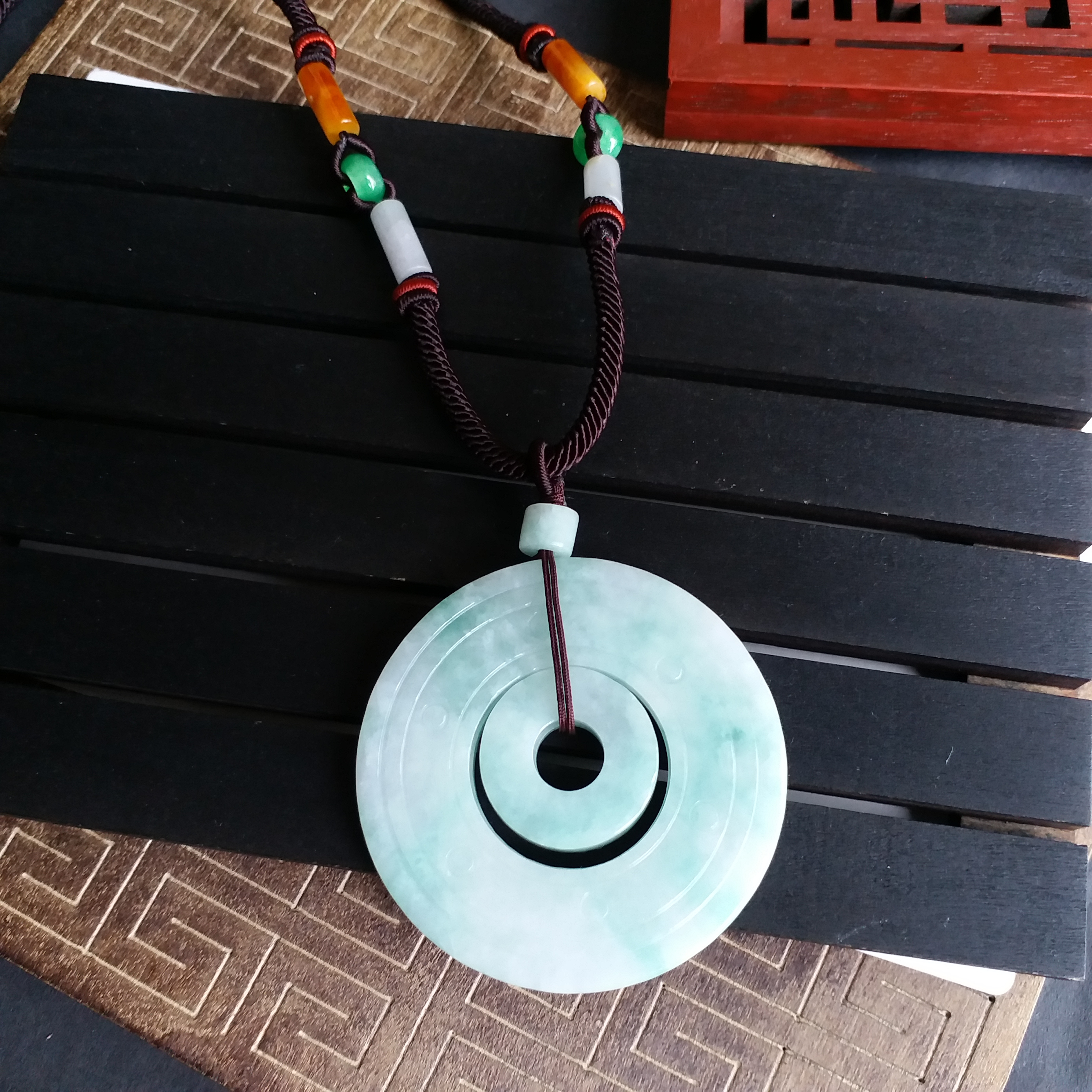 冰糯飄綠時來運轉子母平安扣 (57.8mm直徑), 天然翡翠A玉, 緬甸玉, Jade, Jadeite