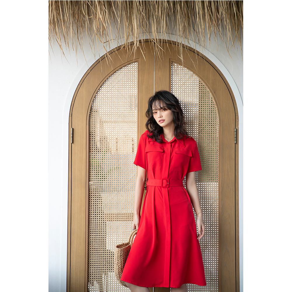 DEER.W 翻領腰帶襯衫短袖洋裝 紅色
