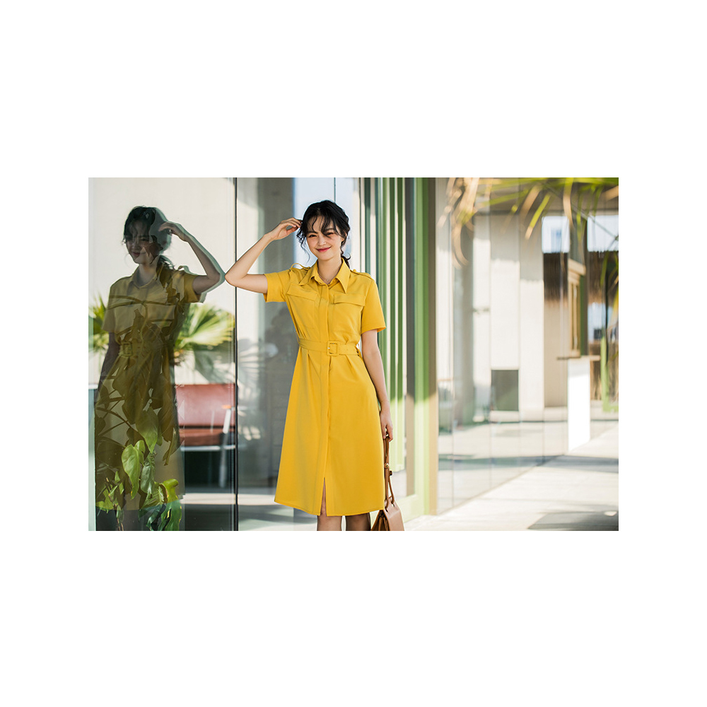 DEER.W 翻領腰帶襯衫短袖洋裝 黃色