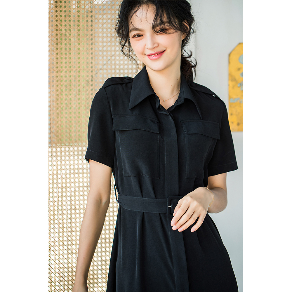 DEER.W 翻領腰帶襯衫短袖洋裝 黑色