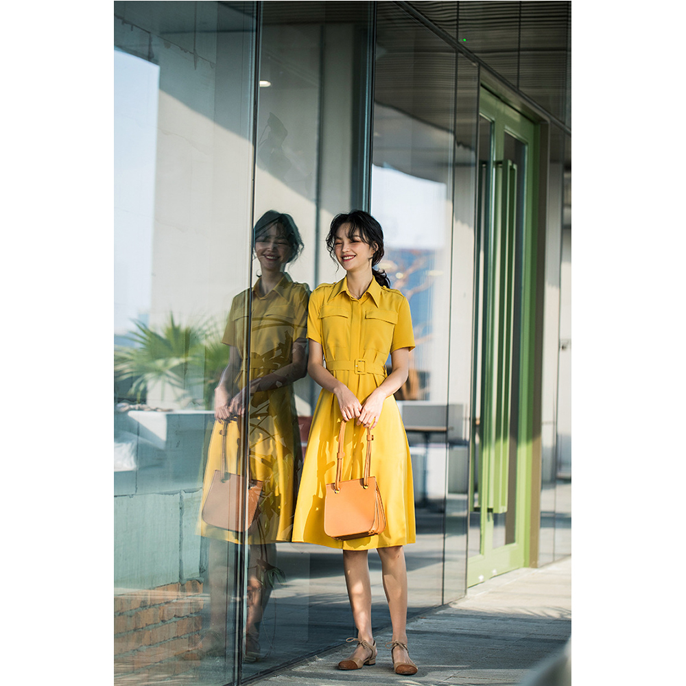 DEER.W 翻領腰帶襯衫短袖洋裝 黃色