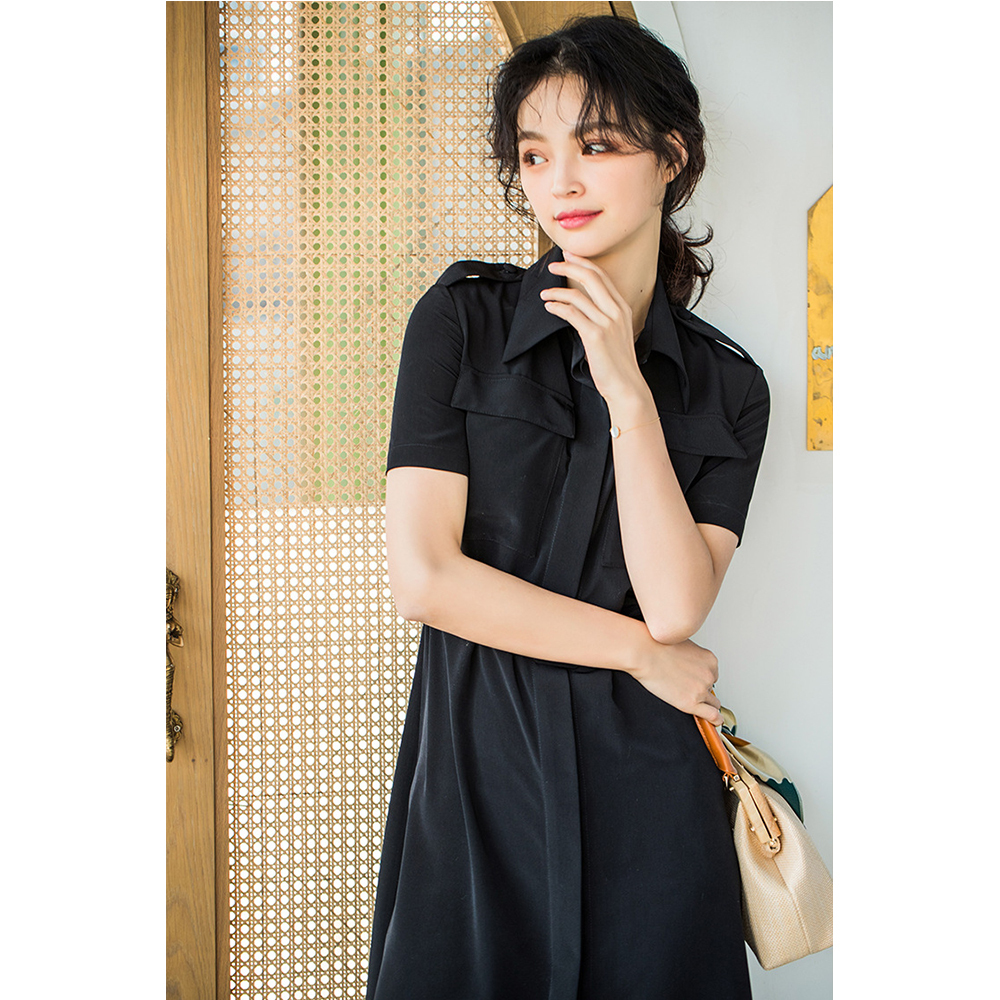 DEER.W 翻領腰帶襯衫短袖洋裝 黑色