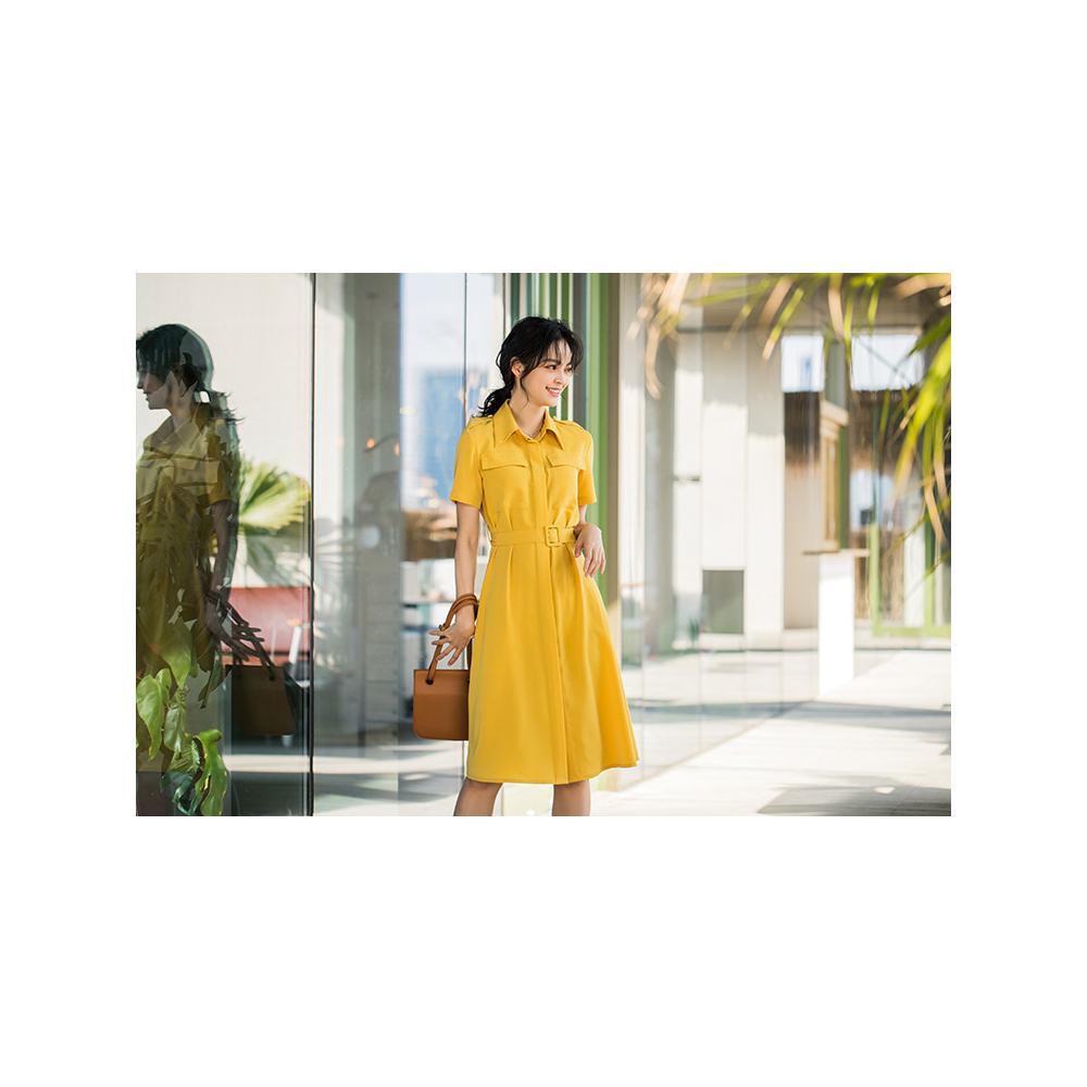 DEER.W 翻領腰帶襯衫短袖洋裝 黃色