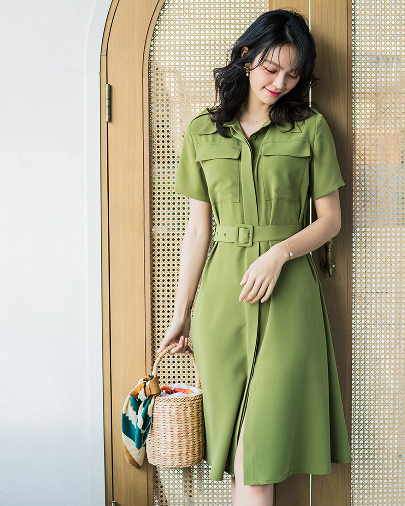 【零碼出清不退換】翻領腰帶襯衫短袖洋裝