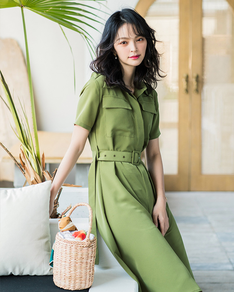 【零碼出清不退換】翻領腰帶襯衫短袖洋裝