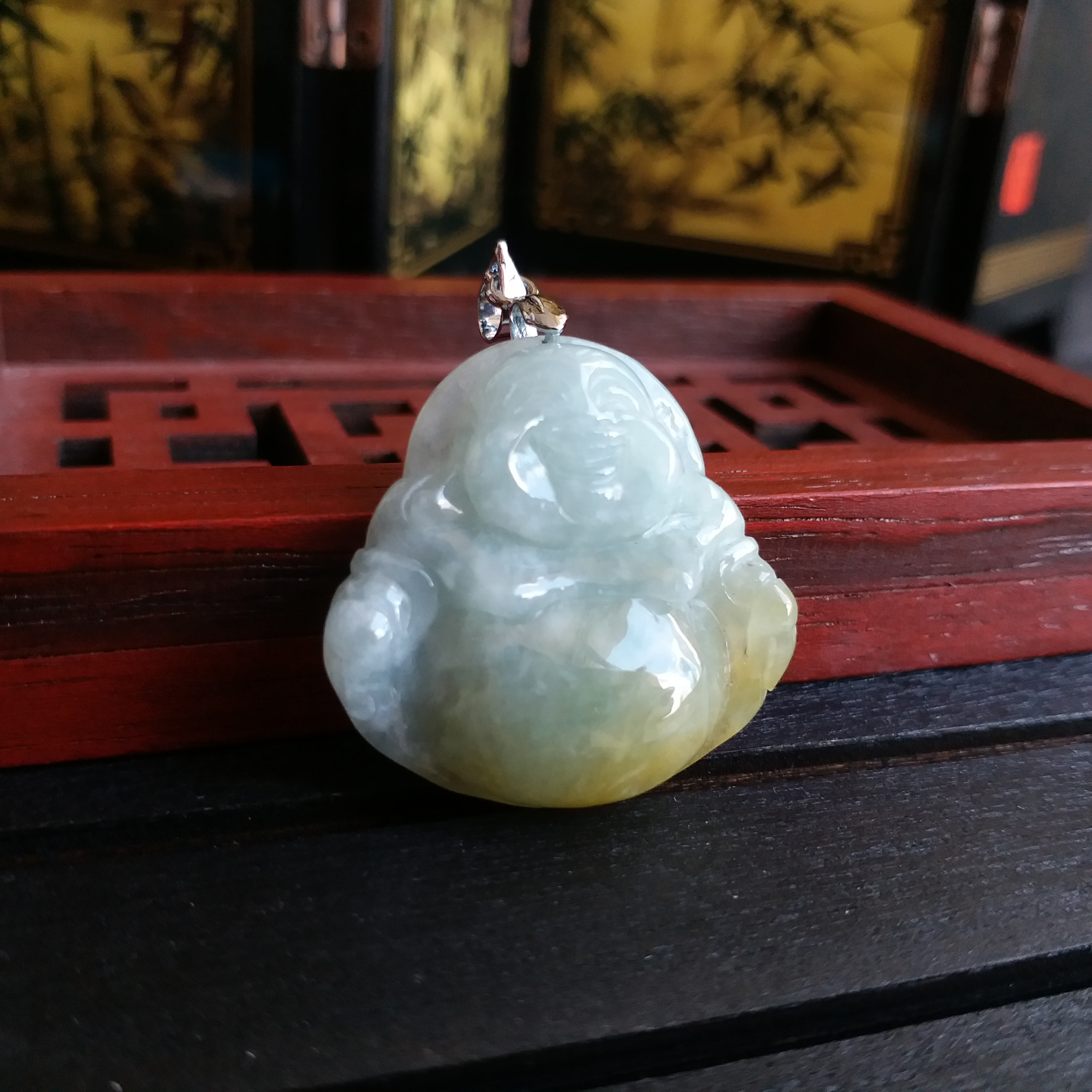 冰糯蘋果綠帶金笑佛吊墜, 天然翡翠A玉, 緬甸玉, Jade, Jadeite