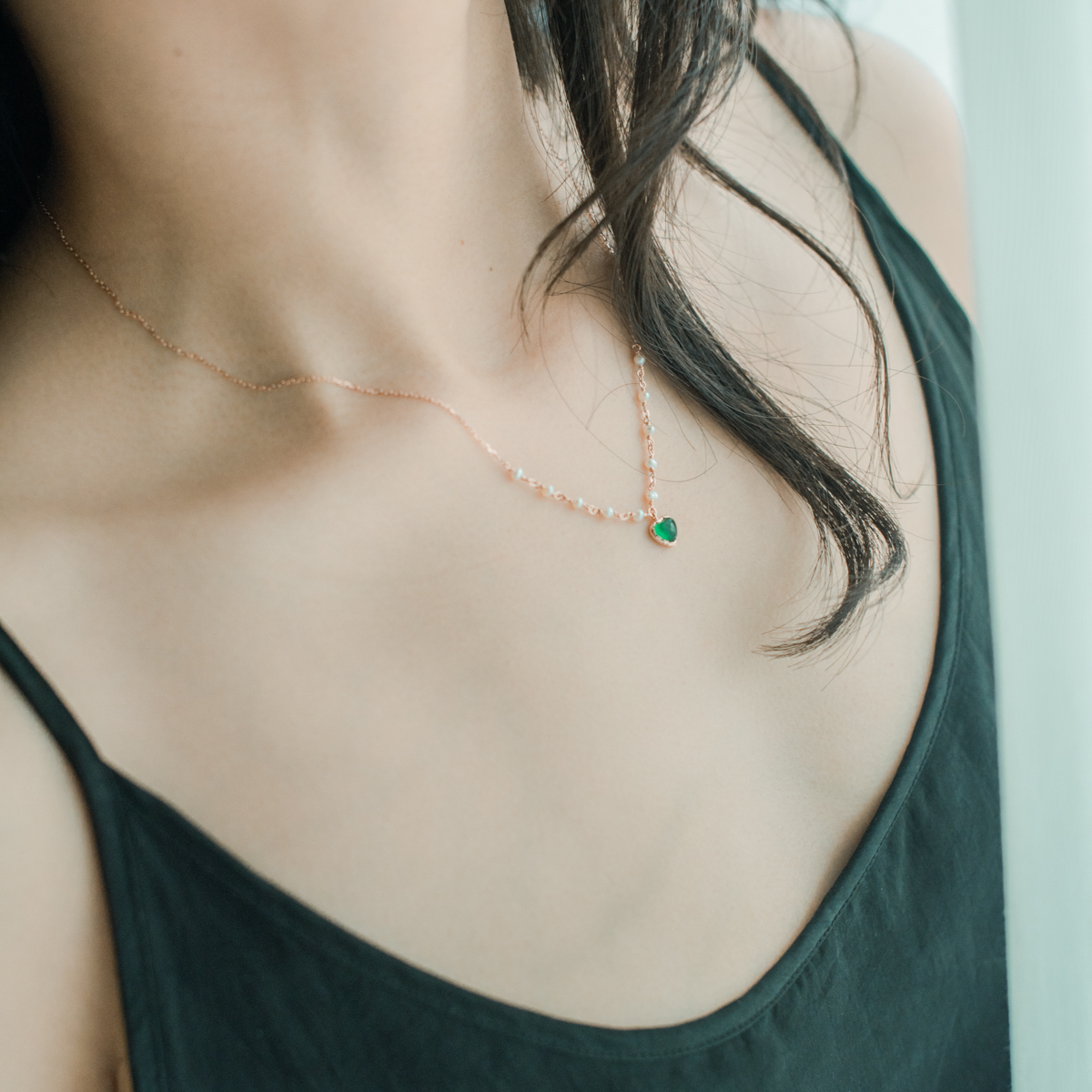 QQ heart 綠瑪瑙珍珠鎖骨鍊-玫瑰金
