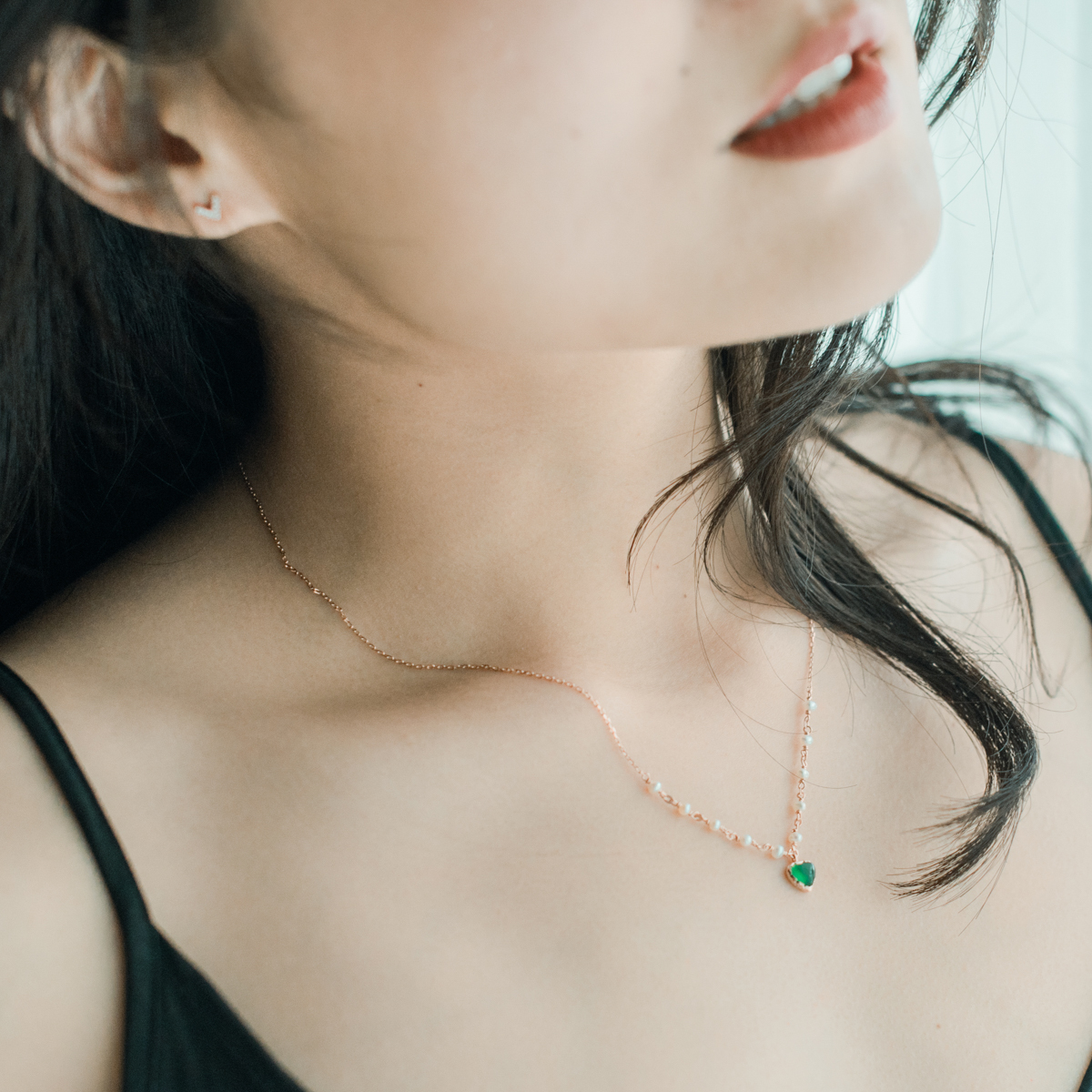 QQ heart 綠瑪瑙珍珠鎖骨鍊-玫瑰金