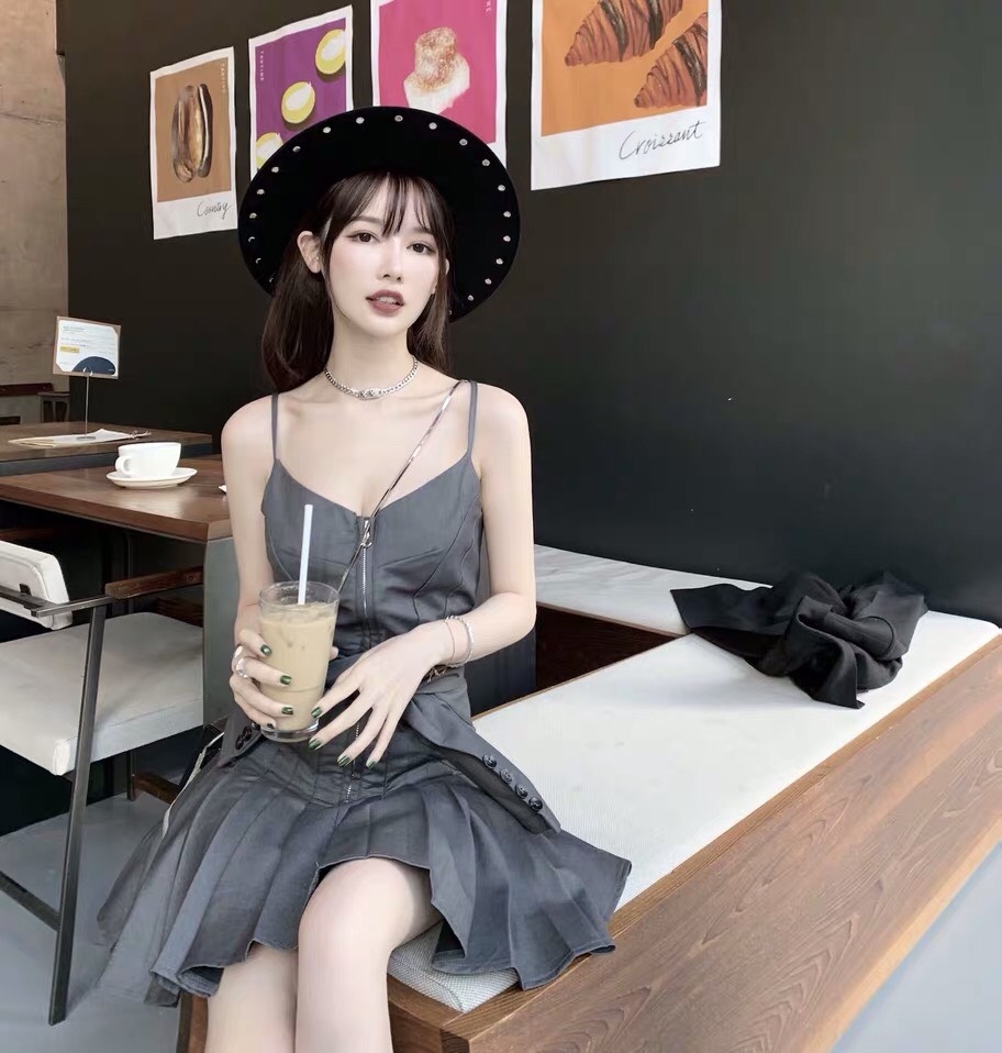 鞠婧禕同款黃色襯衫+灰色系收腰百褶裙套裝