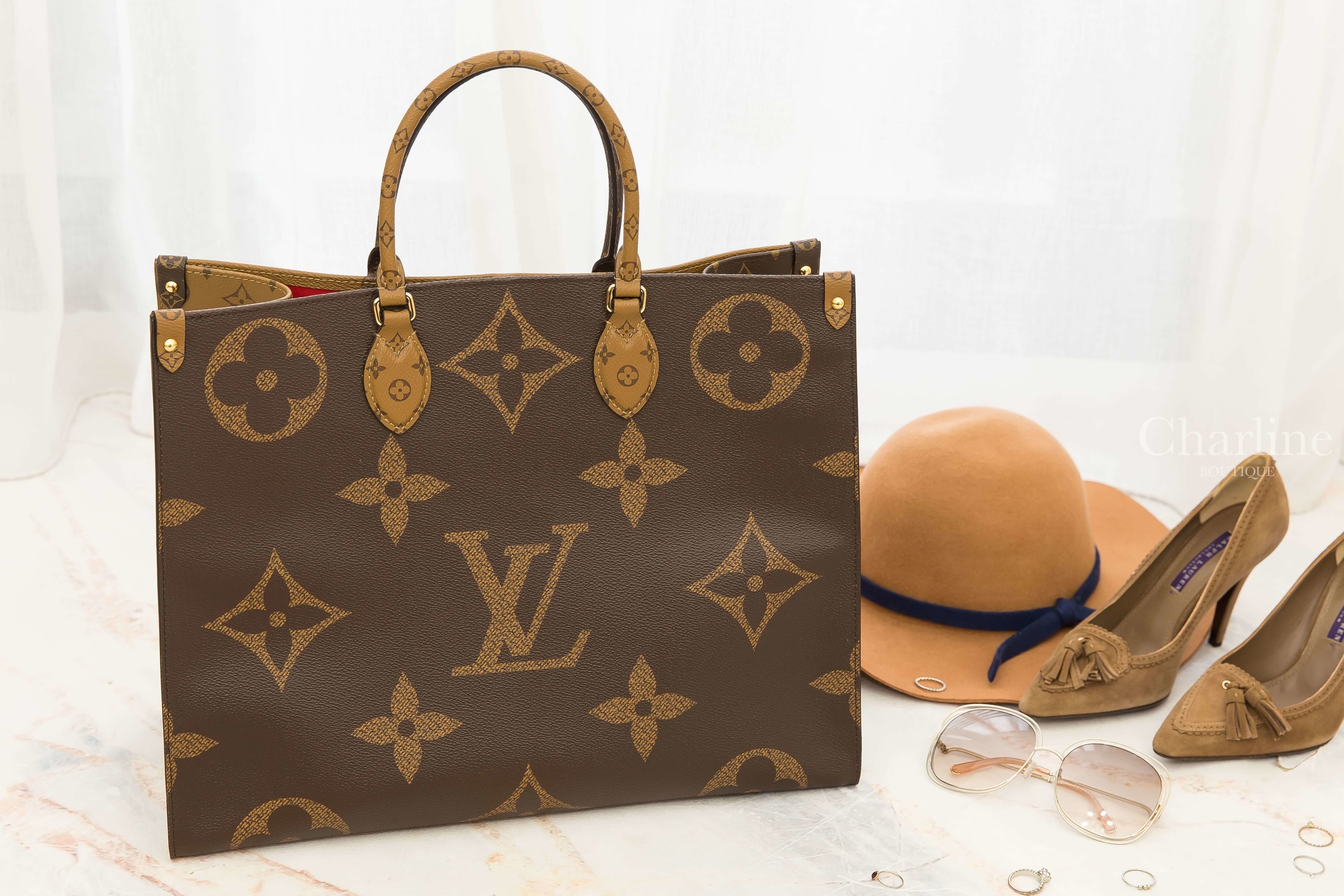 Louis Vuitton Onthego 雙色咖啡老花拼紅色內裡大LOGO托特包