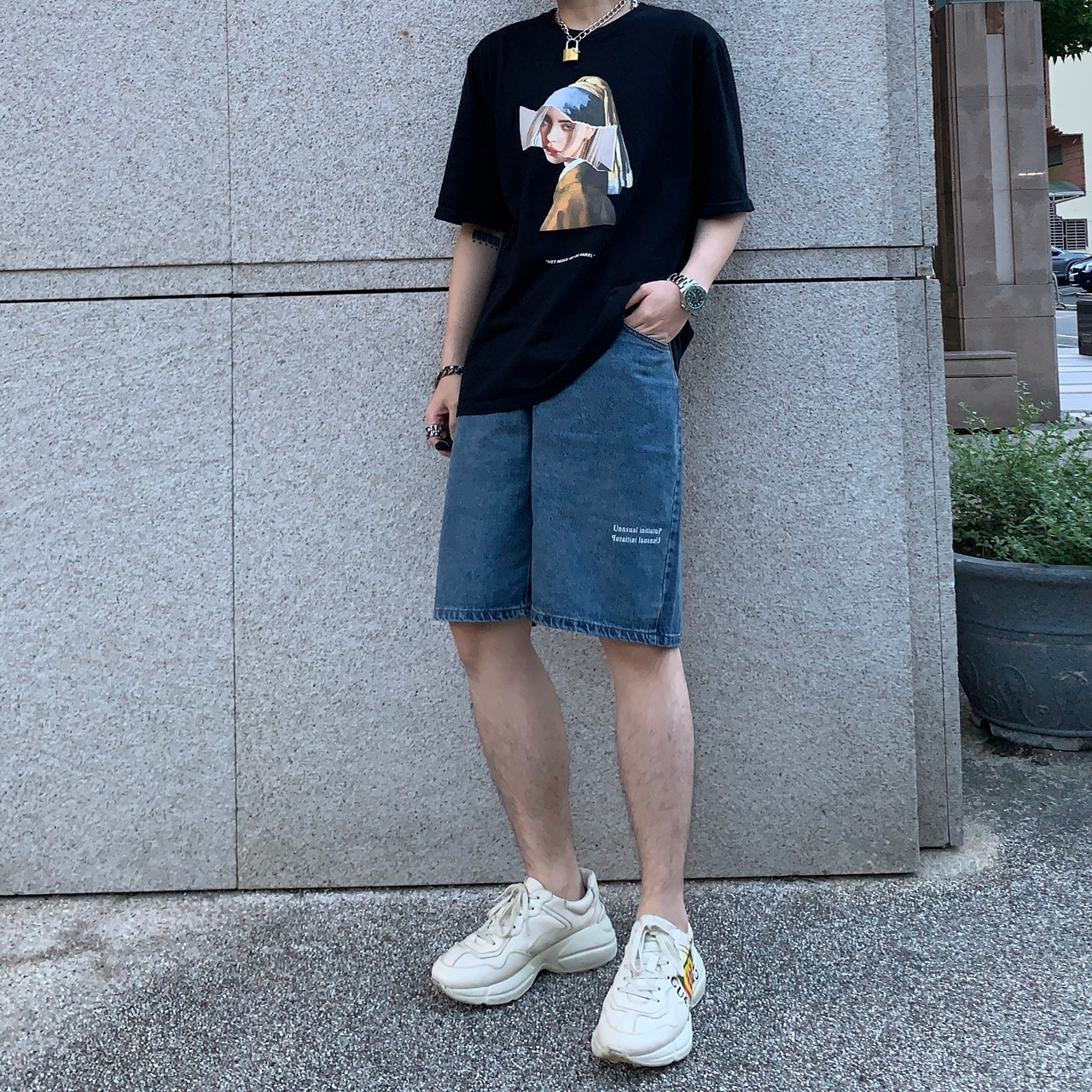 韓國標語寬口五分牛仔短褲