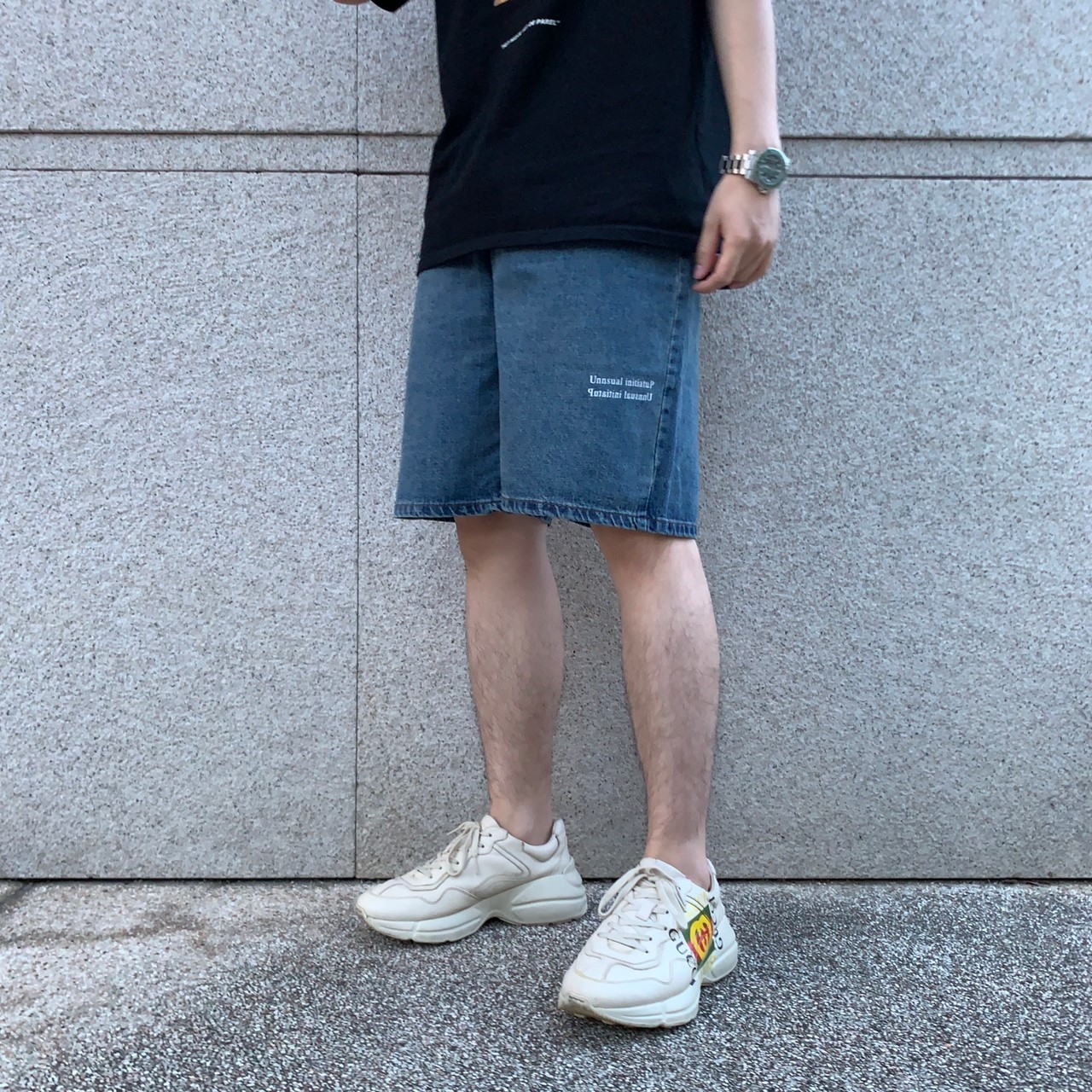 韓國標語寬口五分牛仔短褲