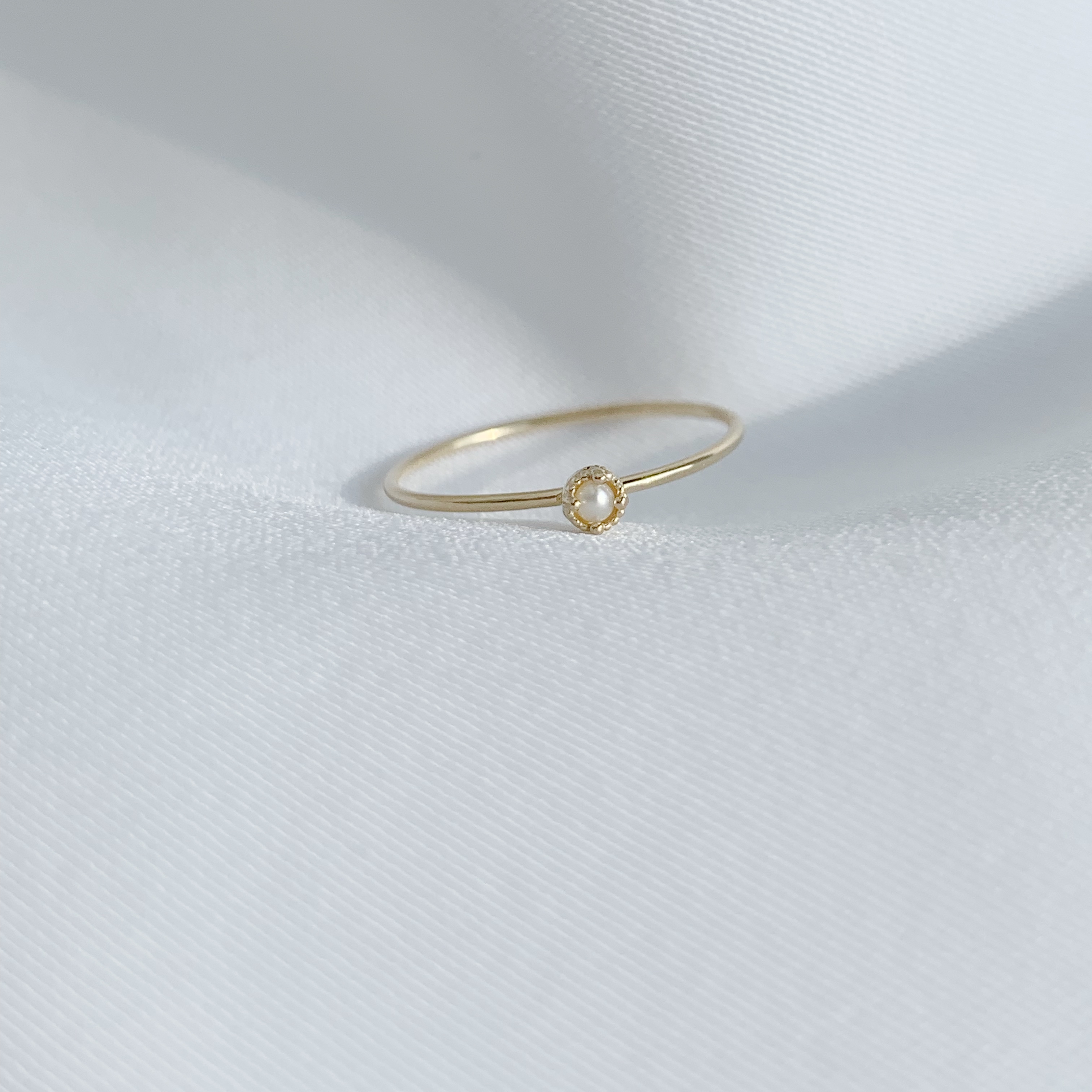 14k純金 光滑爪鑲珍珠戒指