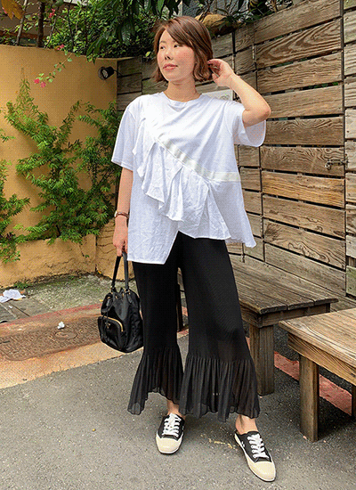 [現貨] 腰鬆緊雪紡細褶寬褲 (黑色)