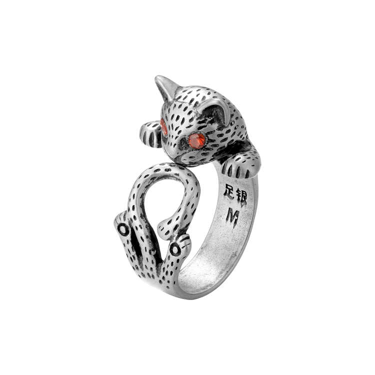 純銀戒指，女士戒指 貓咪追尾；可愛與復古的絕妙融合（8529）