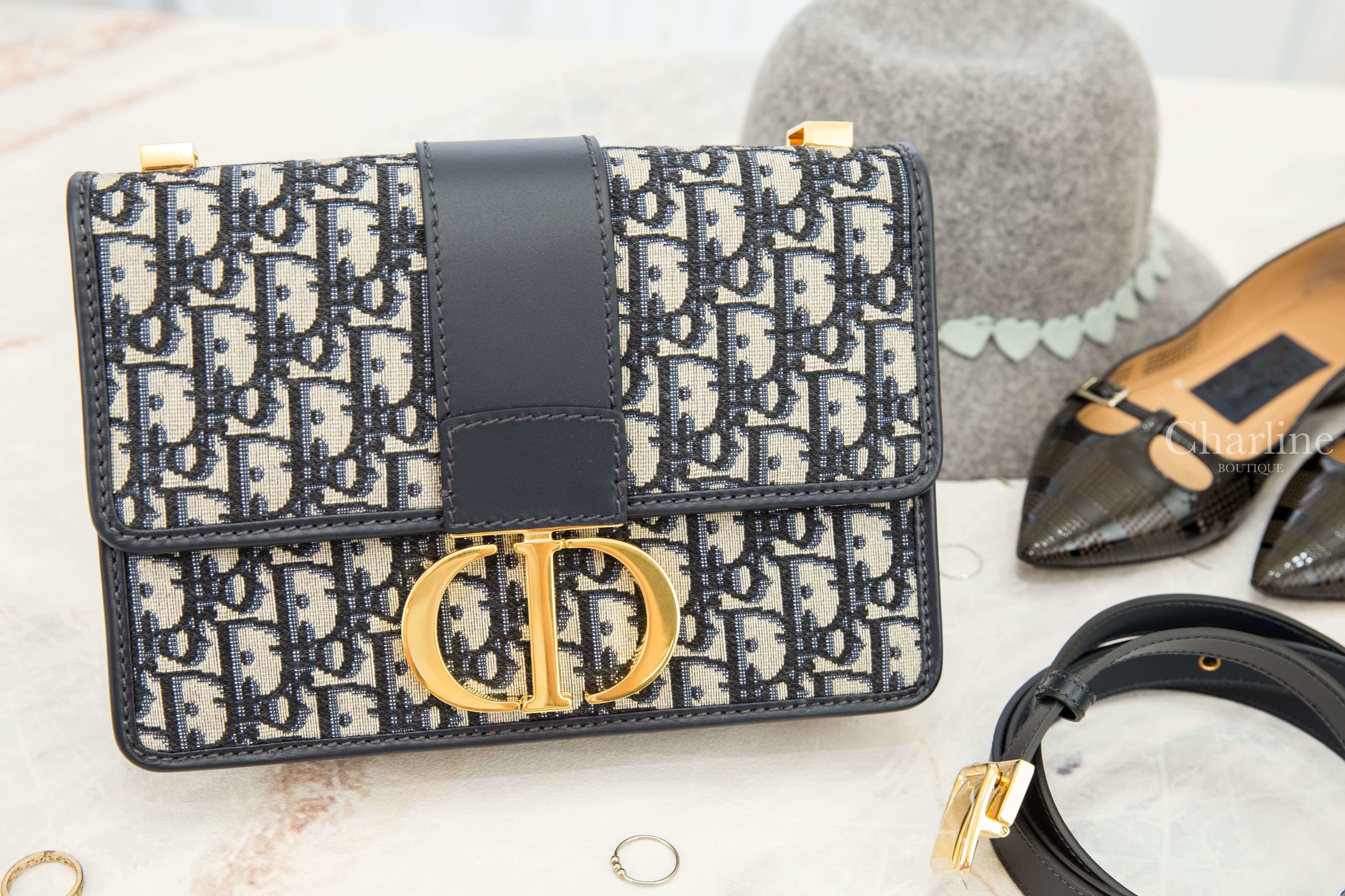 Dior 30 Montaigne Dior Oblique Bag 深藍色復古老花金釦蒙田小牛皮帆布肩背包