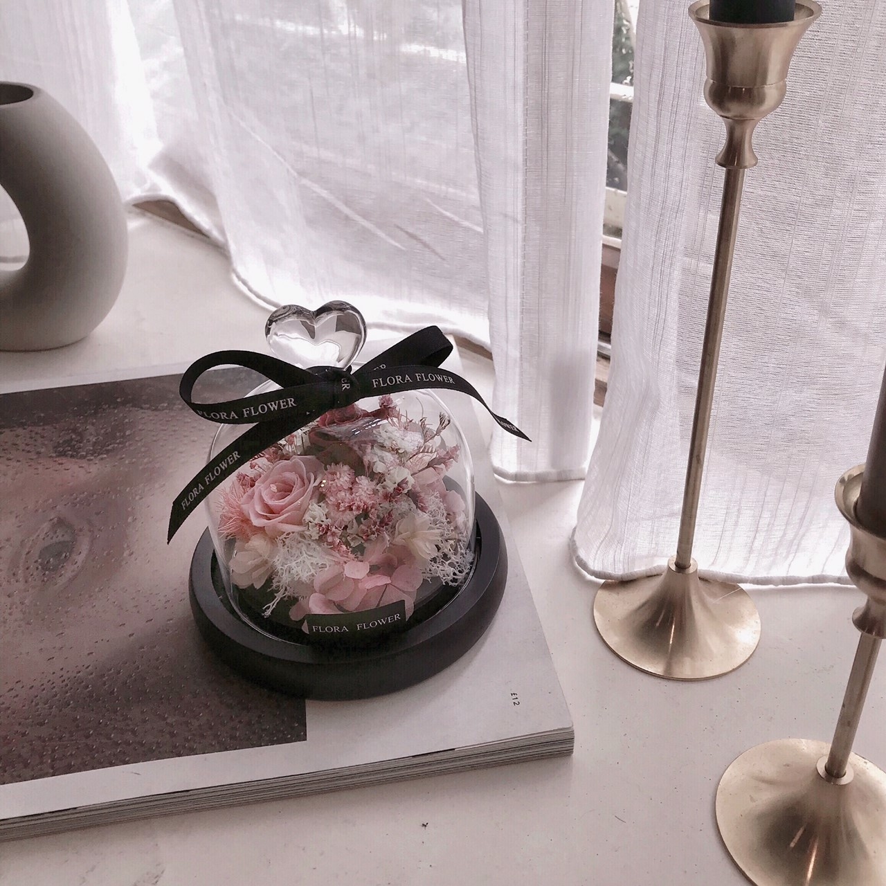 永生花愛心玻璃罩夜燈-紅粉