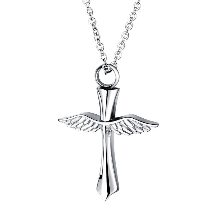 白鋼項鍊，男士項鍊 十字架寵物骨灰瓶；天使羽翼乘載珍貴回憶（6049）