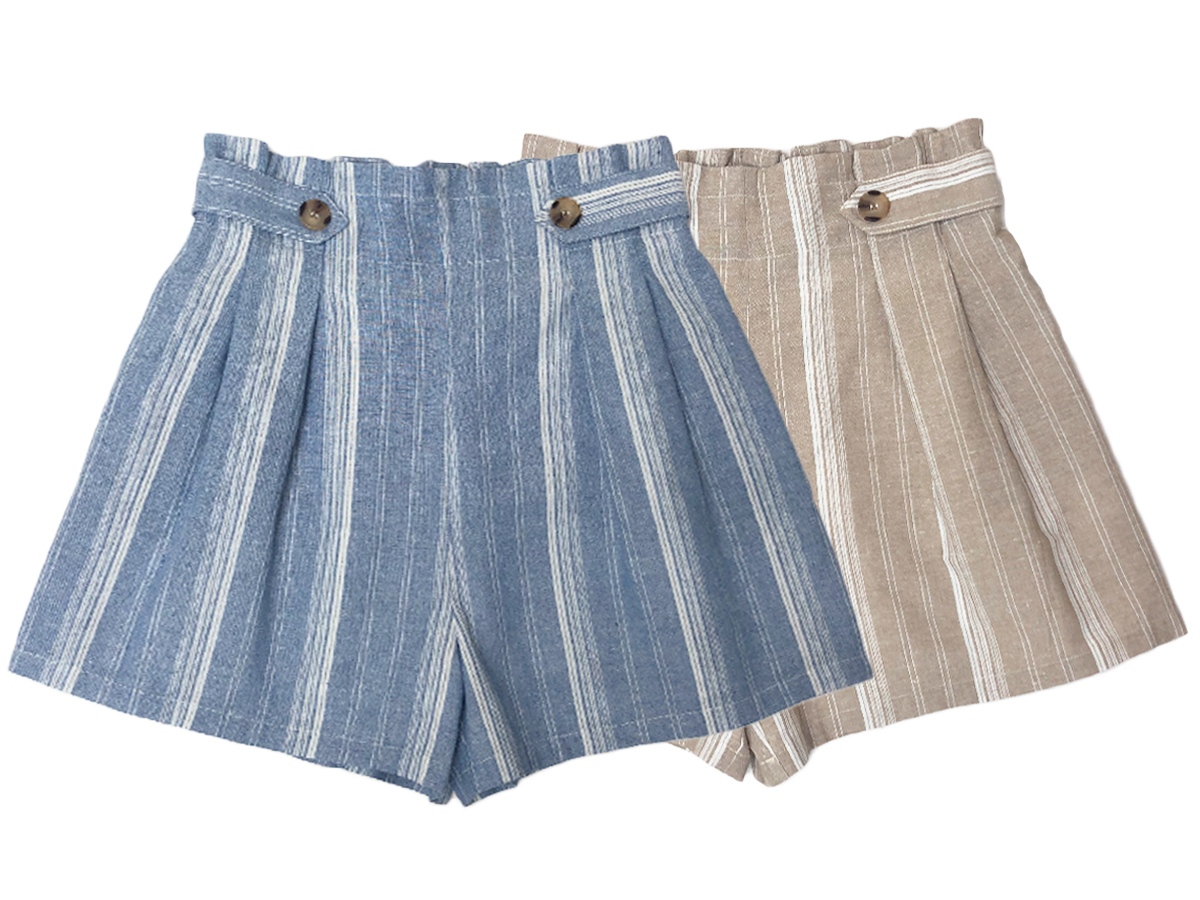 條紋棉麻高腰短褲