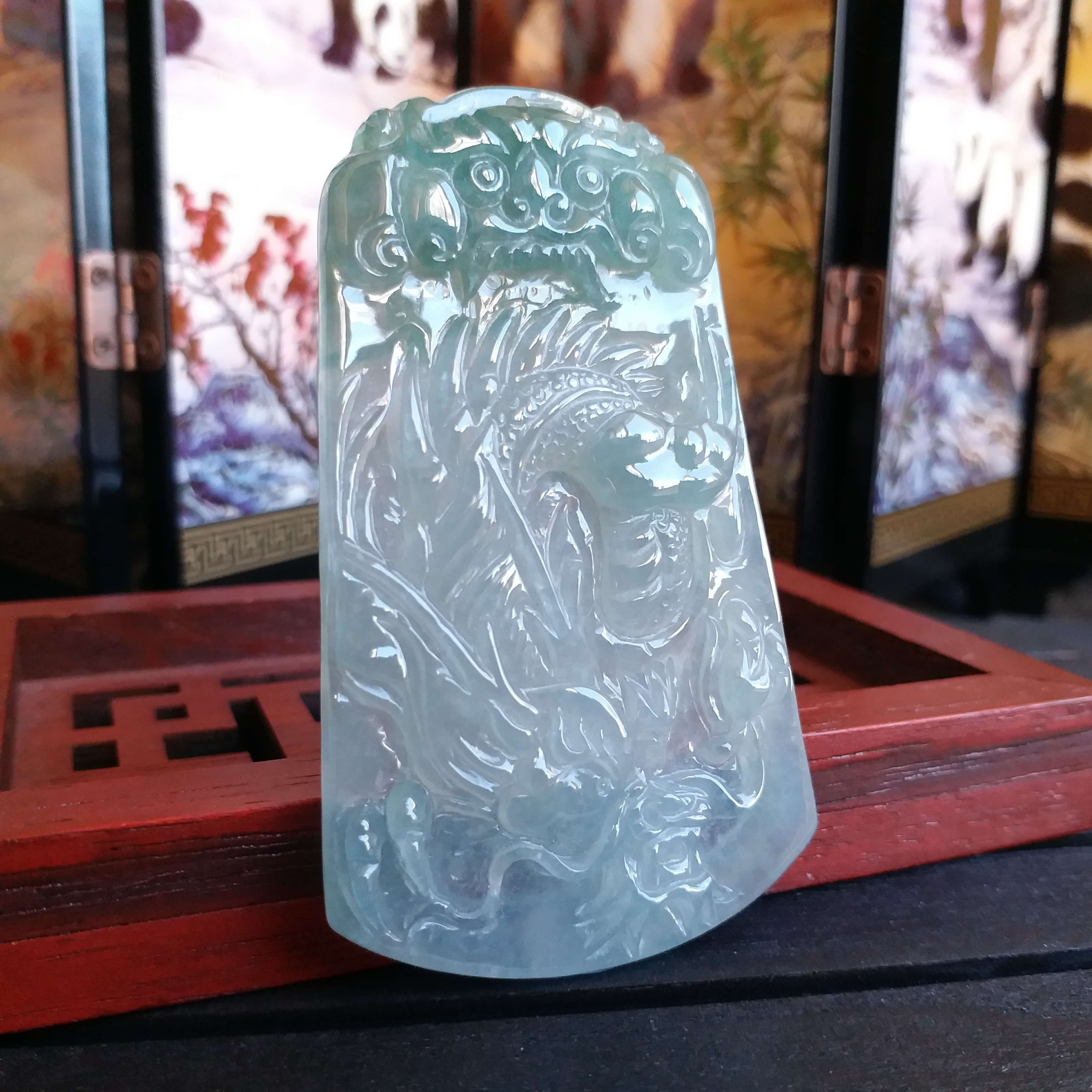 J1311 冰種飄綠龍牌吊墜