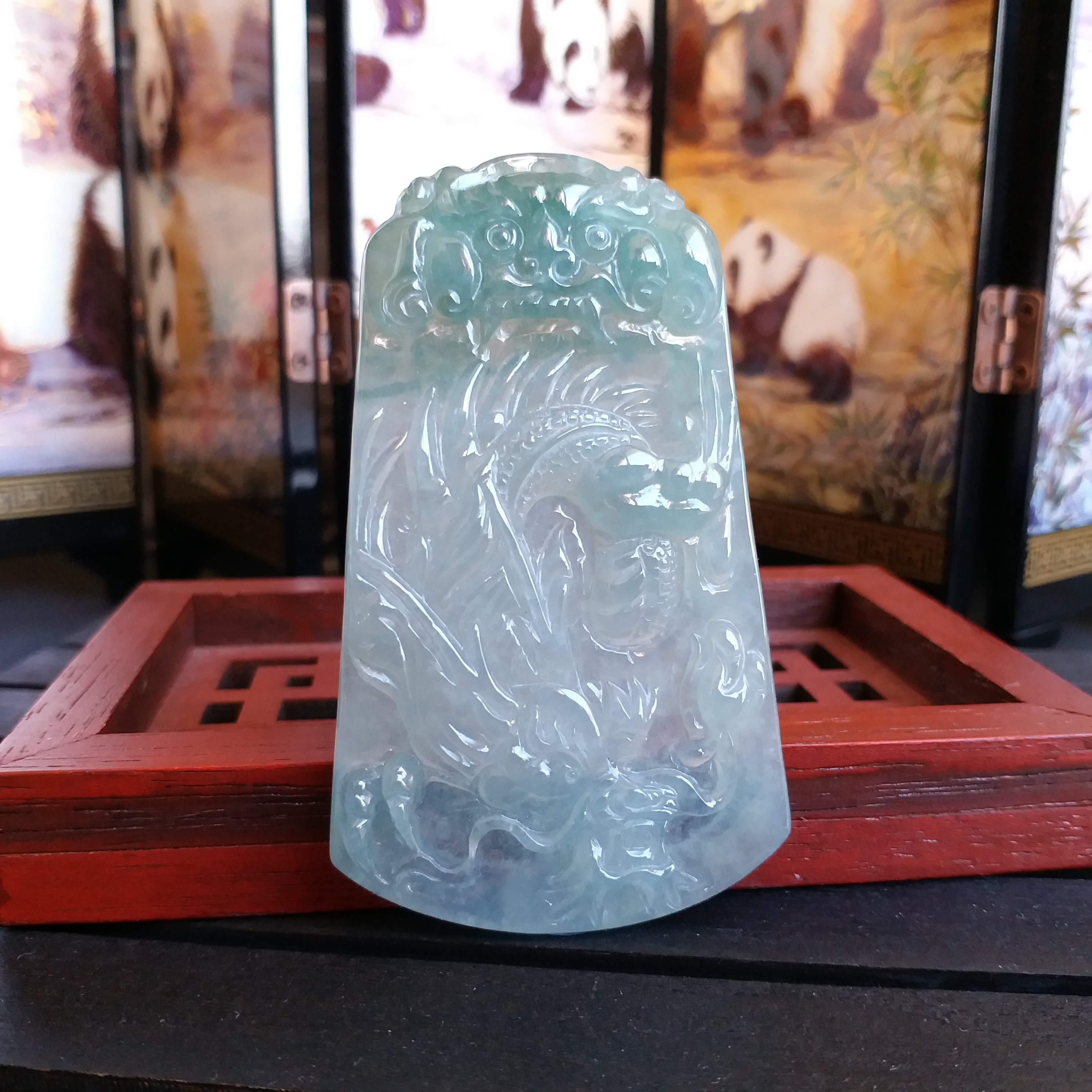 冰種飄綠龍牌吊墜, 天然翡翠A玉, 緬甸玉, Jade, Jadeite