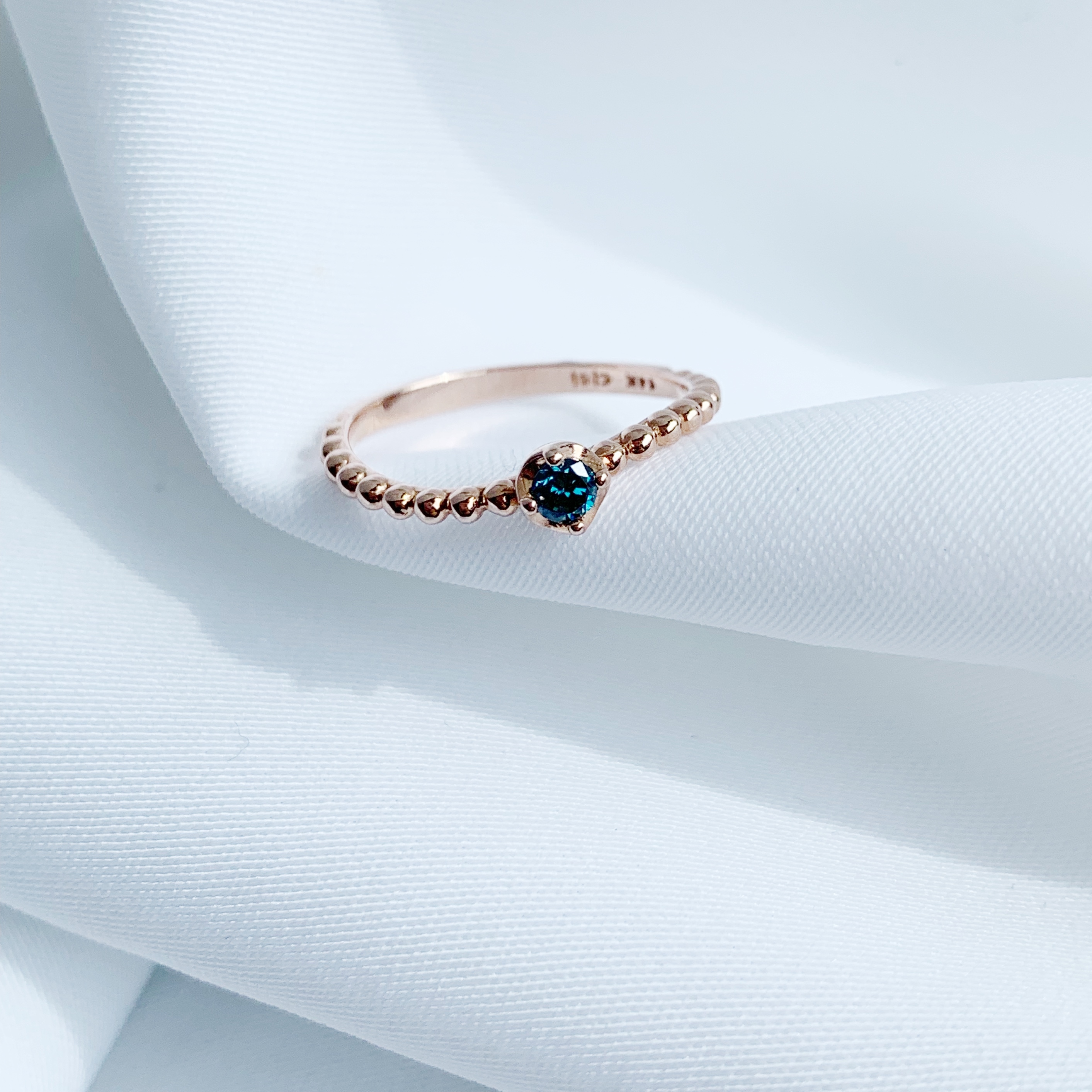 14k不規則波浪珠珠30分藍鑽石戒指