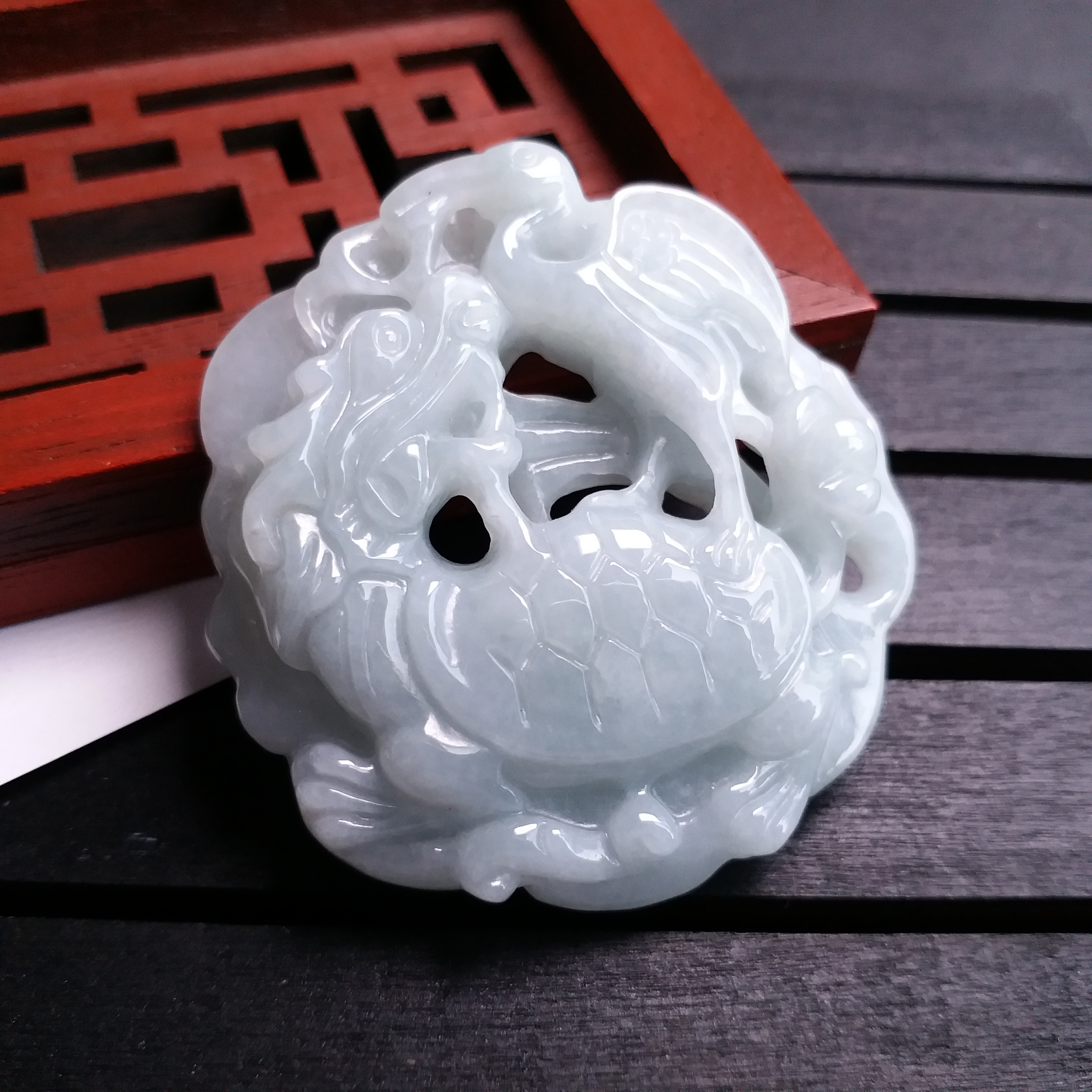 冰糯矮空巧雕龍魚鰲頭獨佔吊墜, 天然翡翠A玉, 緬甸玉, Jade, Jadeite