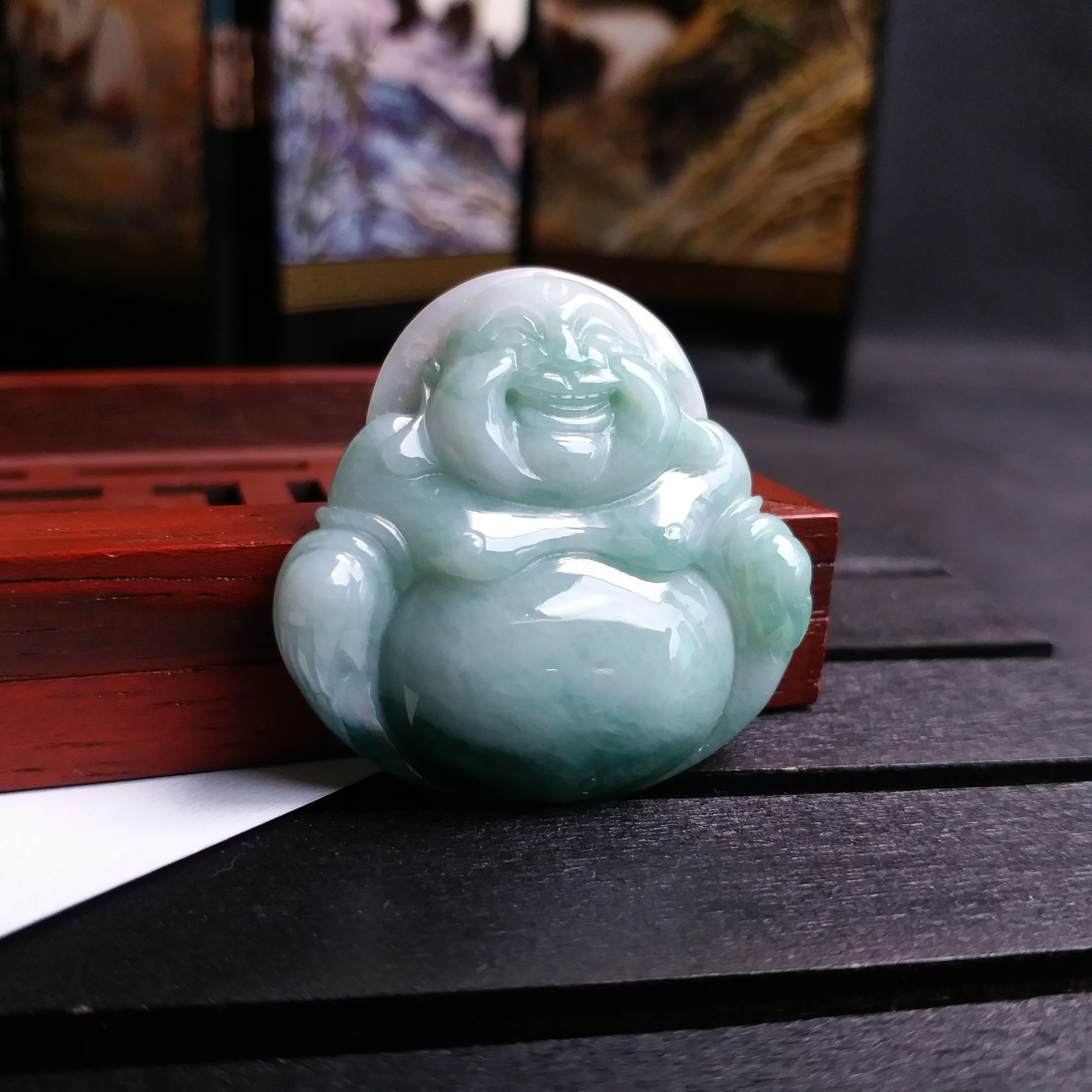 冰糯飄綠笑佛吊墜, 天然翡翠A玉, 緬甸玉, Jade, Jadeite