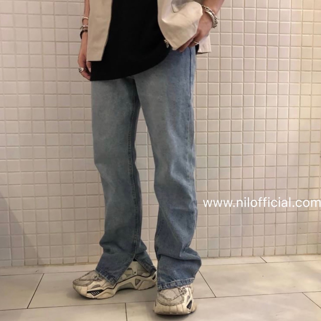 韓國 側開叉牛仔小直筒闊腿褲