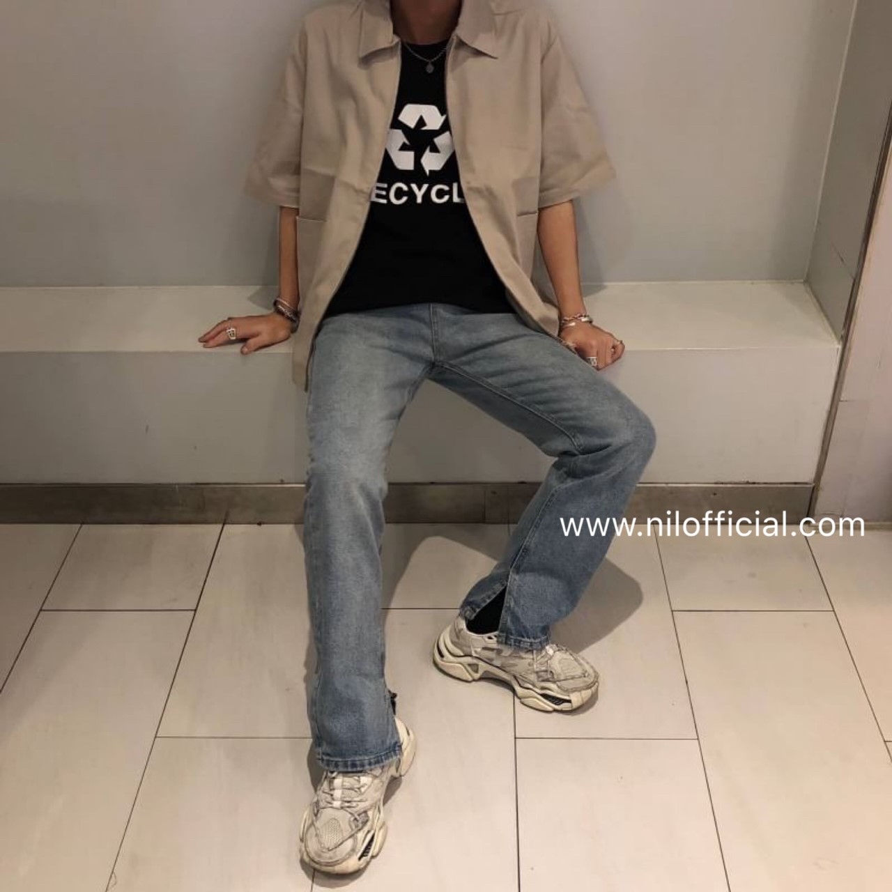 韓國 側開叉牛仔小直筒闊腿褲