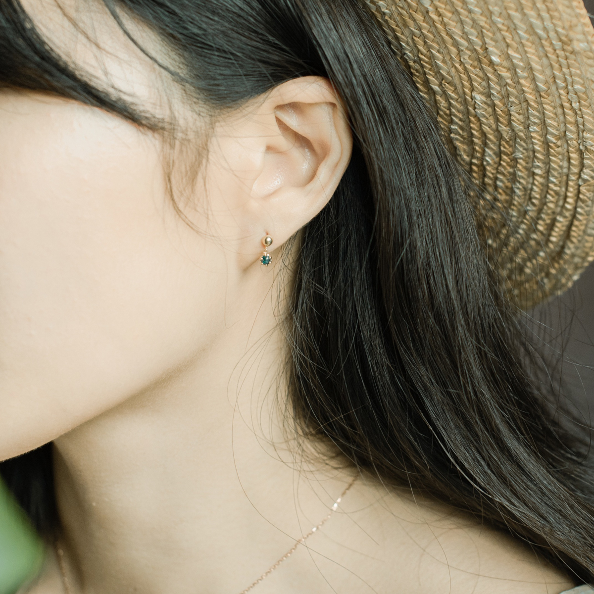 14k純金 晃晃藍鑽原礦轉珠耳環