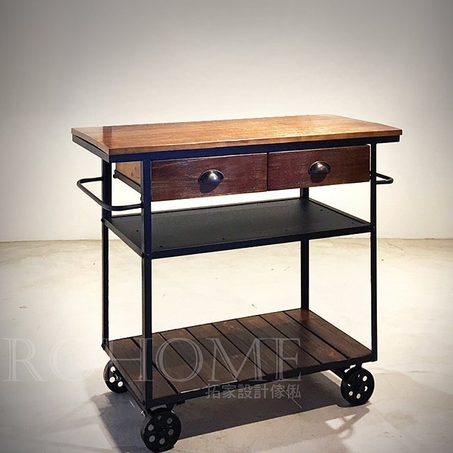 可訂製 實木鐵桿餐車