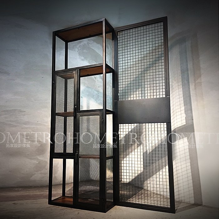 可訂製-實木層板鐵網屏風置物櫃
