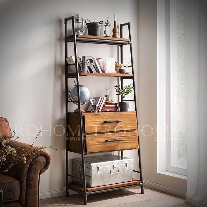 可訂製-雙抽屜梯字腳多層實木書架