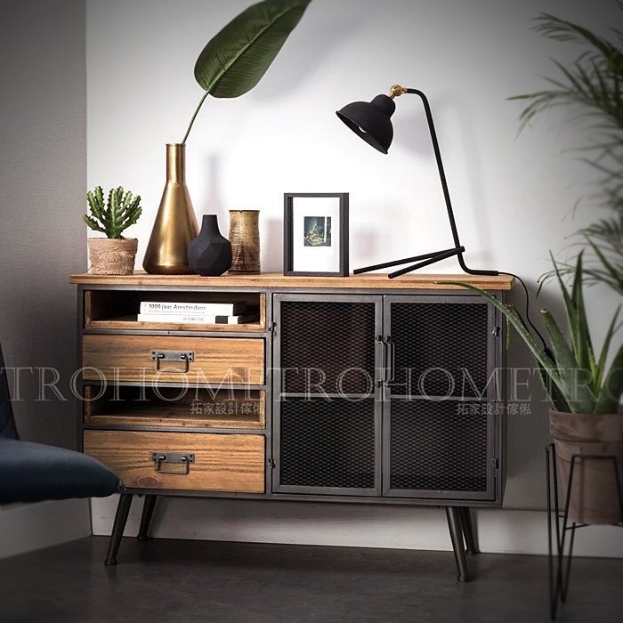 可訂製-鐵網雙門雙抽屜實木收納櫃