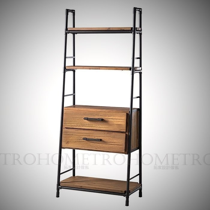 可訂製-雙抽屜梯字腳多層實木書架