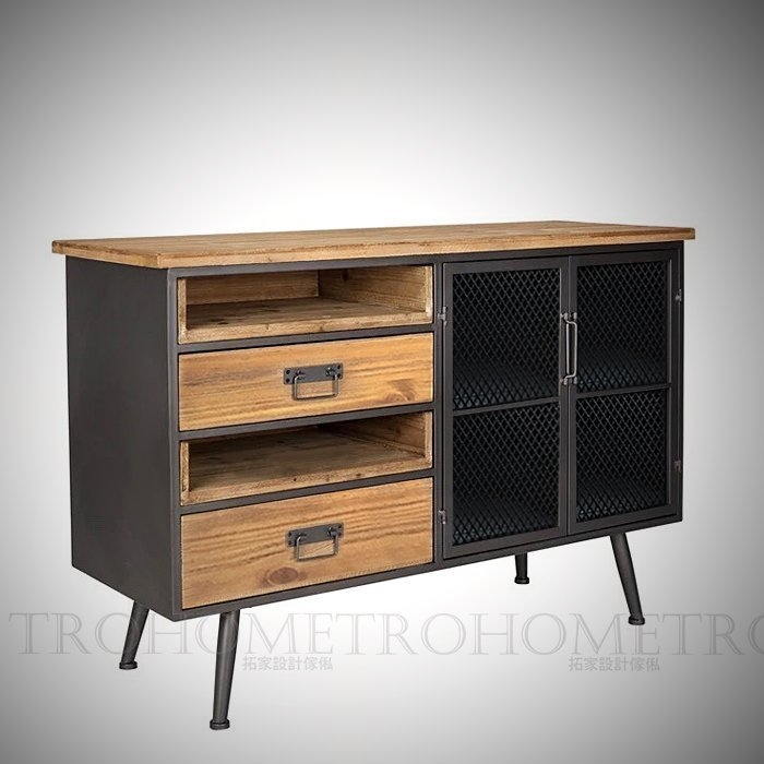 可訂製-鐵網雙門雙抽屜實木收納櫃