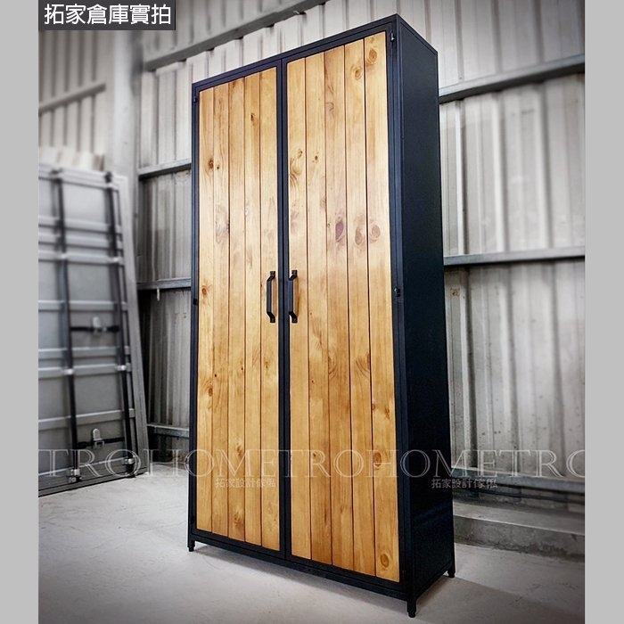 可訂製-美式門片鐵網實木衣櫃